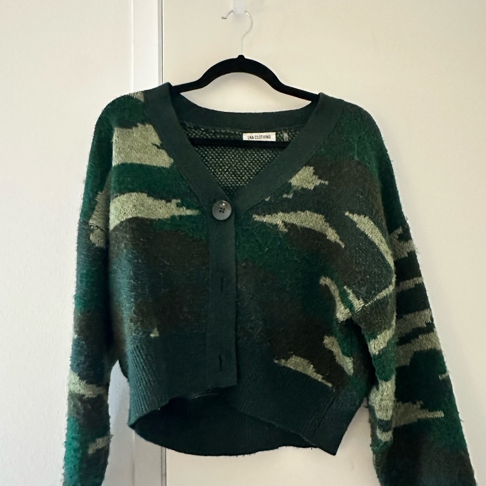 LNA Dark Green Camo V-Neck Cropped Cardigan